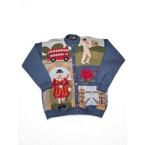 Tulchan Wool Knit Cardigan Sweater Double Decker Bus Cricket London Scenes